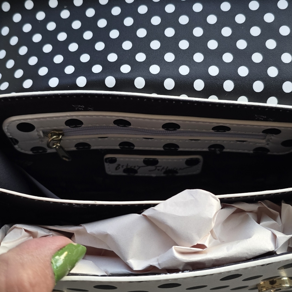 Betsey Johnson Black & White Polka Dot Top Handle Satchel with Floral Bow - Picture 7 of 9